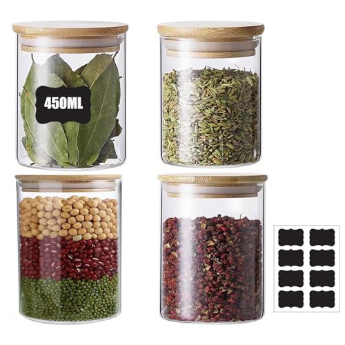WLHFDC Lot de 4 bocaux de conservation en verre avec couvercle hermétique, 450 ml, avec couvercle en bambou, Overnight Oats, pots à épices pour grains de café, grains, noix, thé, herbes