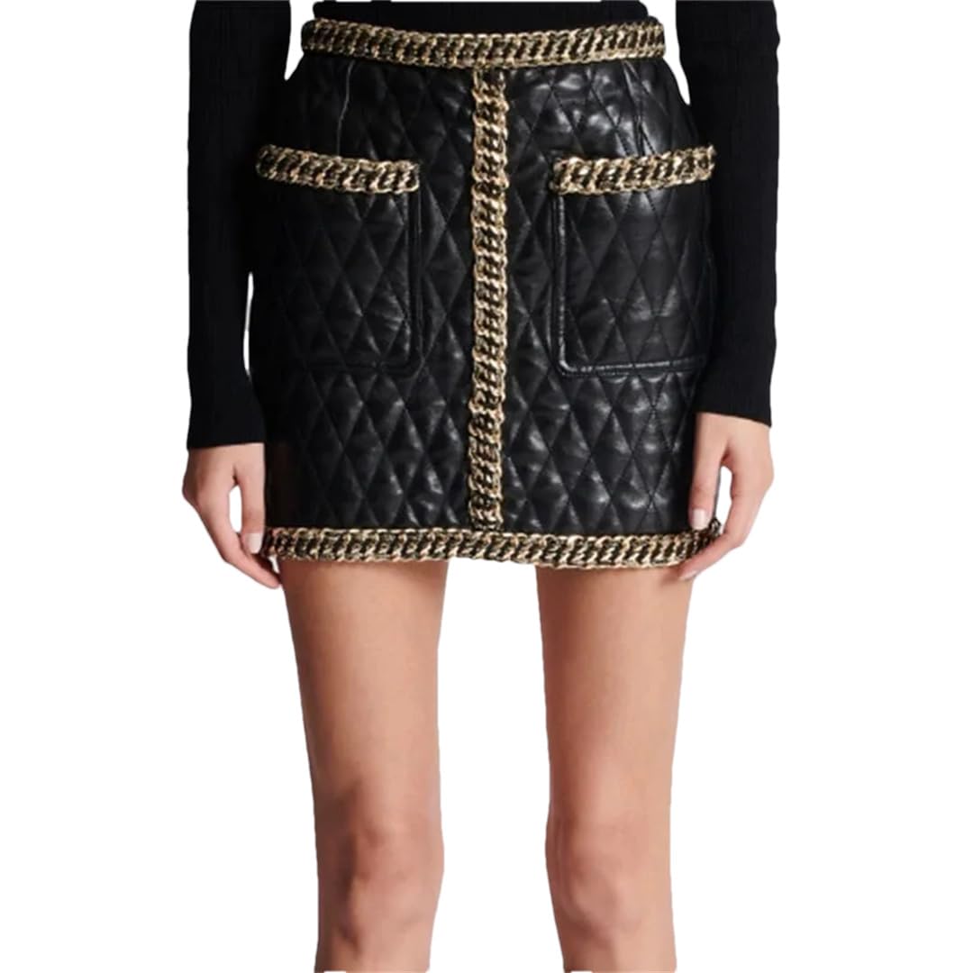 Women Edge Decoration Grid Faux Leather Jacket Cardigan Coat Blazer Black Mini Skirt Outfit Short Jacket
