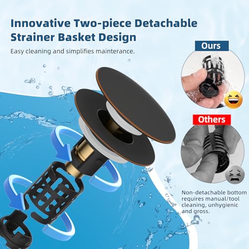 Hibbent 2 Pack 3 in 1 Bathroom Sink Drain Strainer, Pop Up Sink Stopper with Big Push Cap, Anti-Clogging Metal Filter Basket,Sink Plug with Hair Catcher for 1.1''~2.36'' Basin, Oil-Rubbed Bronze - image 4