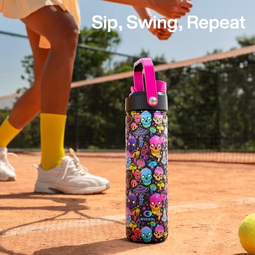 Image of ENCOOL Insulated Water Bottle with Straw Stainless Steel Water Bottle, Leak-Proof, BPA-Free, Double Wall Vacuum Keeps Cold for 24 Hours for Sports, Travel, School (26 oz, Trippy Skulls)