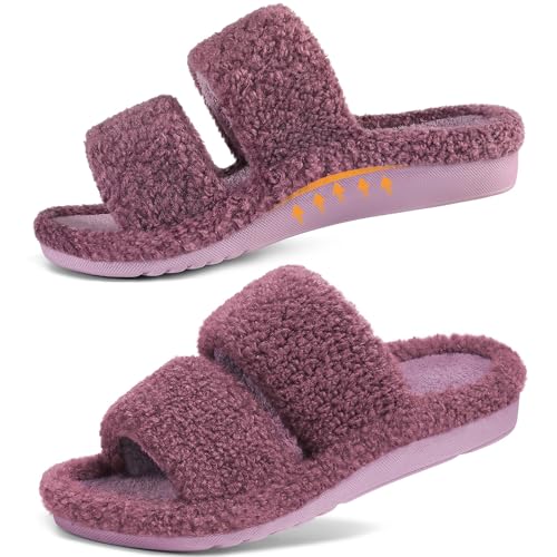 Litfun Womens Fuzzy House Slippers with Moderate Arch Support Open Toe Cozy Bedroom Shoes Indoor Purple EU39/US8
