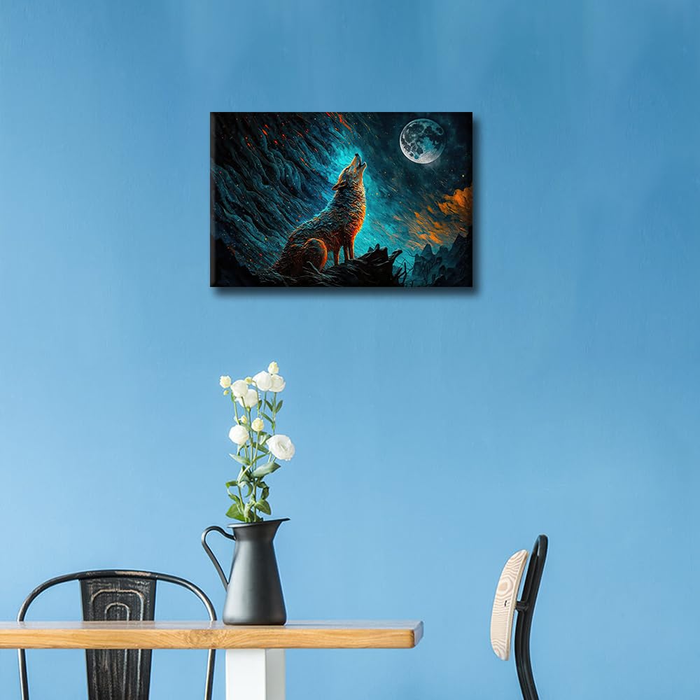 Wolf Wall Art Wolf Howling at Night Prints on Canvas Contemporary Wild Animal Oil Painting Wall Paintings Wall Decoration for Living Room Bedroom Framed 18"x12" - Image 4