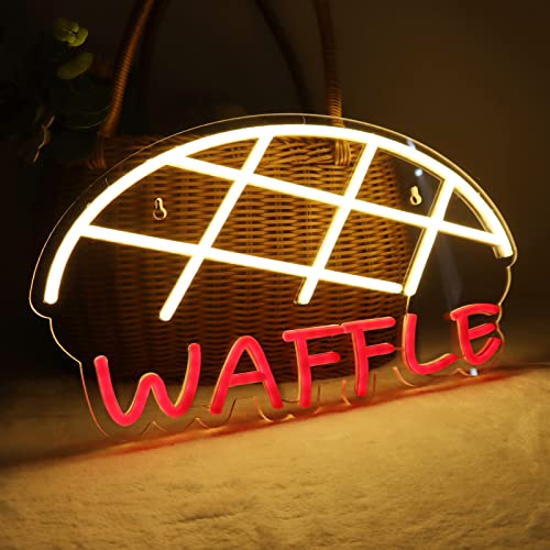 Image of Waffle Neon Signs for Wall Decor Neon Lights for Bedroom Led Business Signs Suitable for Cake Shop Bakery Supermarkets Stores Cookie House 5V Power Adapter, 16.2 * 9 Inch(Warm White + Red)