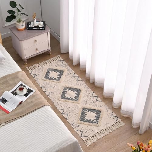 Image of Hand Woven 100% Natural Cotton Export Quality Designer Rug,Carpet, Bed Side Runner for Bedroom,Living Room, Size-2x5 feet or 60 cms x 152 cms (Black Tuft)