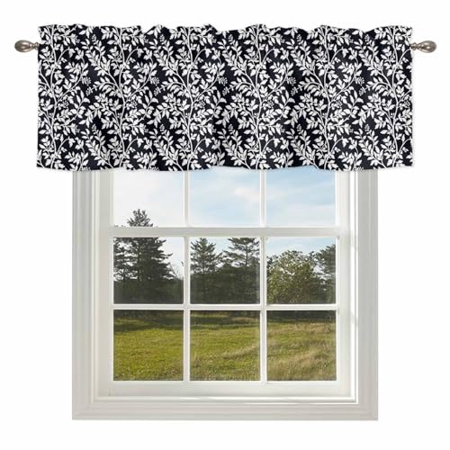Valances for Windows,White Leaves Floral Seamless Kitchen Curtain Valance Short Rod Pocket Panels Overlay Botanical on Black Small Window Treatment for Living Room Bedroom Bathroom,56"Wx16"L