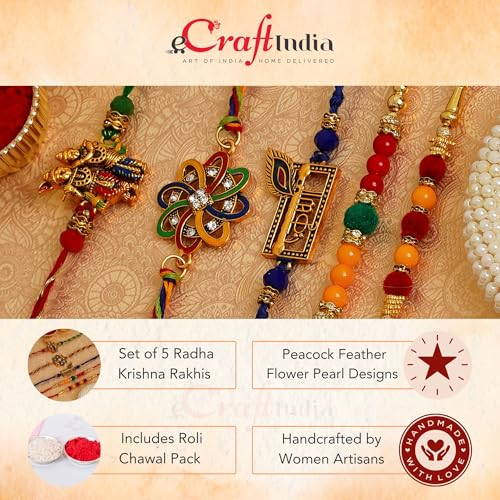 Image of eCraftIndia Set of 5 Rakhi Combo Hamper | Colorful Radha Krishna Peacock Feather Flower Pearl Designer Rakhis | Roli Chawal Pack