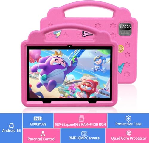 Image of 10 Inch Kids Tablet with Handle Case,Android 15 Tablets for Age 3-12,64GB Educational Pad,Parental Control,5G WIFI6,Dual Camera,6000mAh,Bluetooth (Pink)