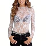 BSBUY Camiseta Encaje Mujer, Camiseta Transparente Mujer Manga Larga con Volantes, Sexy Blusa Ajustada de Encaje Para Mujer, Fiesta Club Casual Festival Discoteca, S