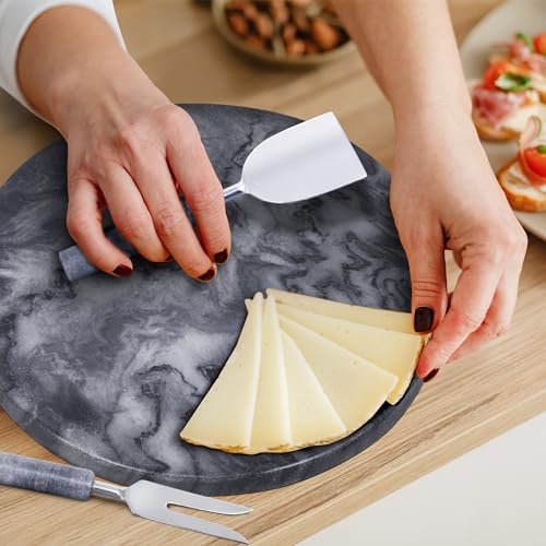 Marble Cheese Board & Utensil Set- 12” Round Black Marble Charcuterie Board & Cutting Board Set- Handmade Marble Serving Tray for Wine Meat Cheese Platter with 3 Piece Knife Set- Cheese Board Marble