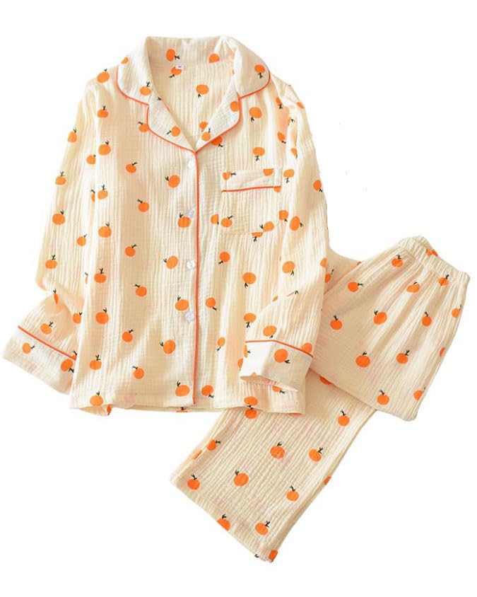 Image of codcm Womens Cotton Gauze Pajama Set Long Sleeve Button Up Shirt and Pants 2 Piece Cute Printed Pj Set
