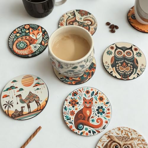 Image of Zesta Coasters for Cups Set of 6 / Wooden Coasters for Bar Accessories for Home /Tea Coaster Set of 6 / Waterproof Dining Table Decor Glass Cover (Animal B, Circle)