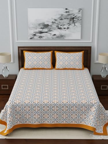 Image of LIVING ROOTS Jaipuri Hand Block Print King Cotton Bedsheet 86 * 104 inches (7 * 8.5 feet) with 2 Pillow Cover | 210 TC | Rich Fast Colour with No Colour Bleeding | (034-C)
