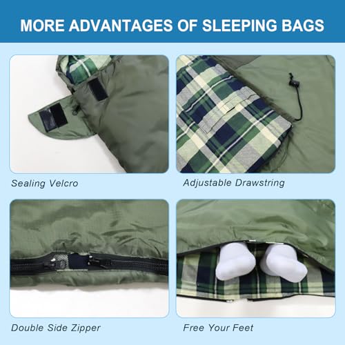 Image of Double Sleeping Bag Flannel for Adults with 2 Pillows 2 Person Sleeping Bags Camping XXL Queen Size Two Person Sleeping Bag for Cold Weather