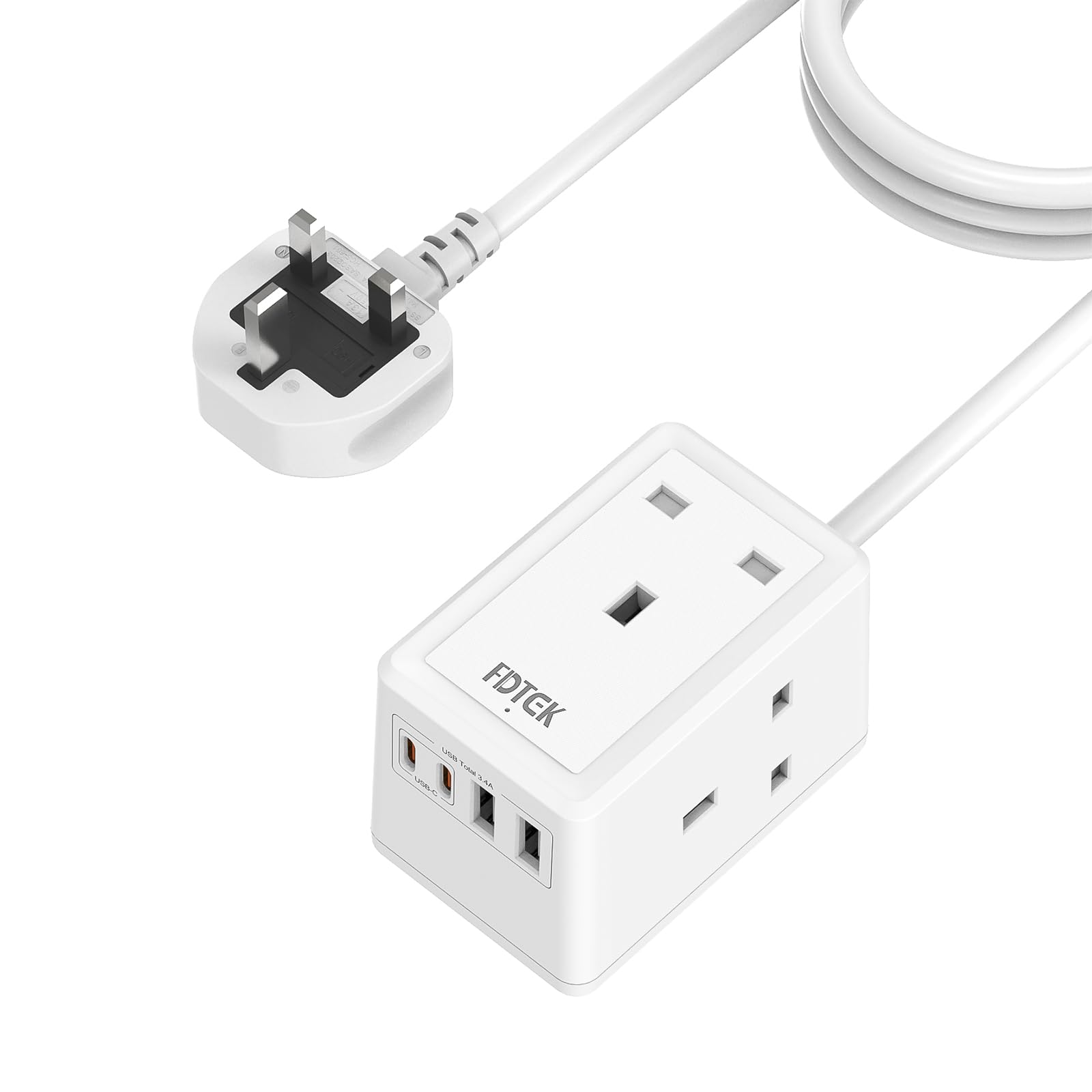 3M Extension Lead With USB Slots, FDTEK Mini Plug Extension Socket with 3 AC Outlets and 4 USB Slots, 13A/3250W Wall Mount Power Strip With 3 Metre Extension Cable for Travel Home Office