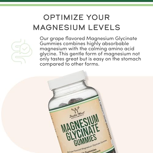 Magnesium Glycinate Gummies (400mg per Serving, 30 Day Supply, Grape Flavored) High Absorption Magnesium Supplement for Adults or Kids by Double Wood Supplements