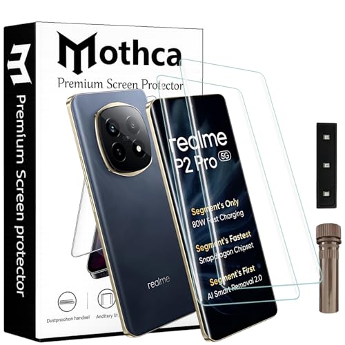 Image of Mothca Curved UV Tempered Glass Screen Protector for Realme P2 Pro 5G | Transparent | Pack of 2 | Borderless Full Screen Coverage with UV Installation Kit