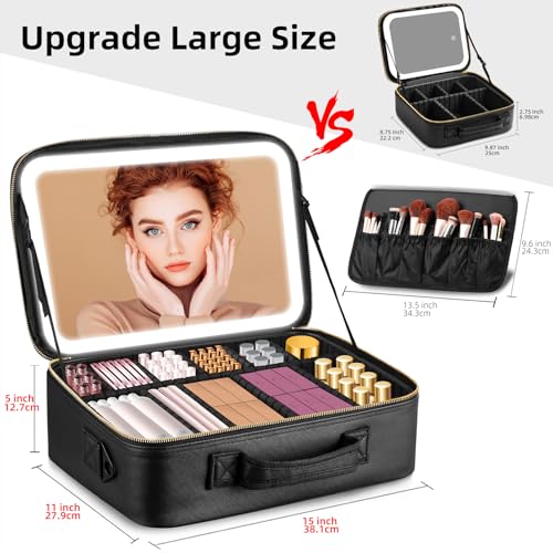 Upgraded Large Travel Makeup Bag with LED Mirror, 15” Professional Makeup Case with 3 Color Modes Dimming Lighted Mirror, Light up Cosmetic Make up Organizer with PU Leather Cover, Adjustable Dividers2