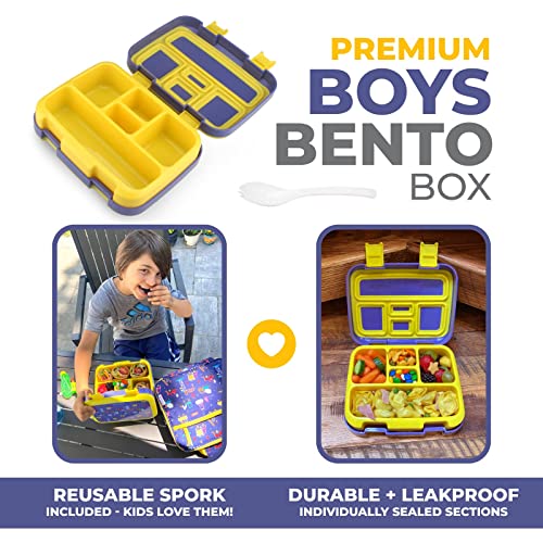 Kinsho Bento Lunch Box For Kids Toddlers Boys, 5 Portion Sections Secure Lid, Microwave Safe Bpa Free Removable Tray, Pre-School Kid Daycare Lunches Snack Container Ages 3 To 5, Blue Yellow Trucks #TOP1