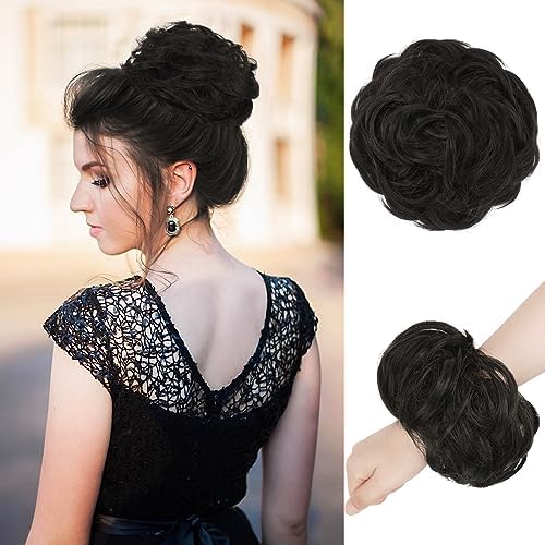 RUWISS Messy Bun Hair Pieces Hair Bun Scrunchies Extension Curly Wavy Messy Synthetic Bun Updo Hairpiece for Women Darkest Brown