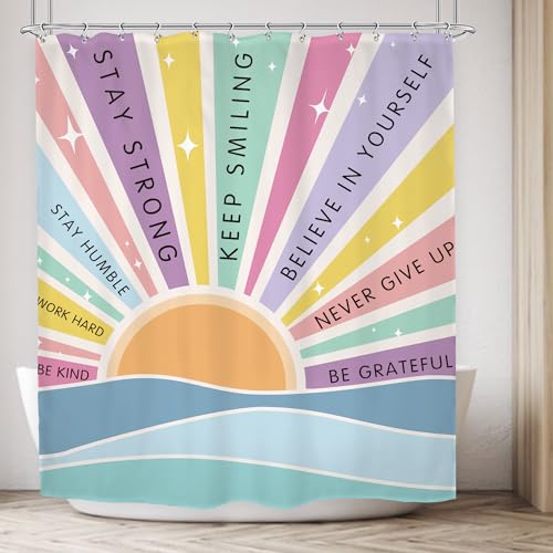 SVBright Kids Rainbow Shower Curtain 60Wx72L Inch Boho Quotes Ocean Sun Retro Cute Inspirational Words Motivational 12 Pack Hooks Polyester Waterproof Fabric Bathroom Bathtub Panels