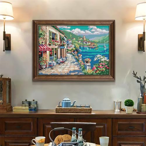 Image of JOYSEWING Seaside Pre-Printed Cross Stitch Kit for Adult 11CT Stamped Kits Embroidery Kits for Beginners DIY Prestamped kit Pattern Canvas Home Decor (Seaside Cafe (11CT) 14.96 x10.63 inch)