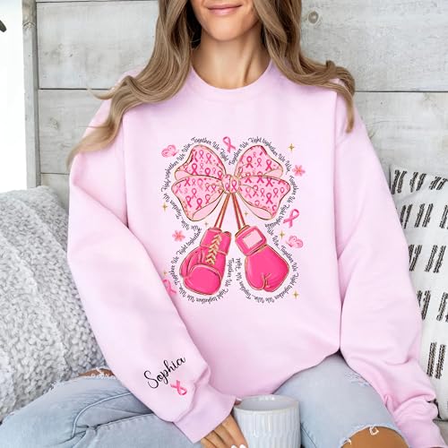 Custom Breast Cancer Awareness With Name on Sleeve Sweatshirt, Preppy Pink Bow Boxing Gloves Shirt, Cancer Support T-Shirt, This Is My Fight Breast Cancer Tee, Pink Ribbon Tee3