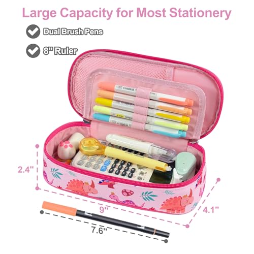 Image of Cute Kids Pencil Case - Girls Pen Pouch Large School Organizer | Pen Bag & Smooth Zipper, Multi-Slot Storage, Mesh Pocket, 900D Water Resistent, Giftable School Supplies, Pink Dinasour