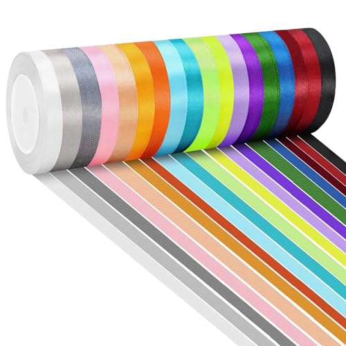 Farerkass Fita de raso, 18 cores 10 mm x 22 m de poliéster, dupla face para embrulhar presentes, decoração de casamento e artesanato