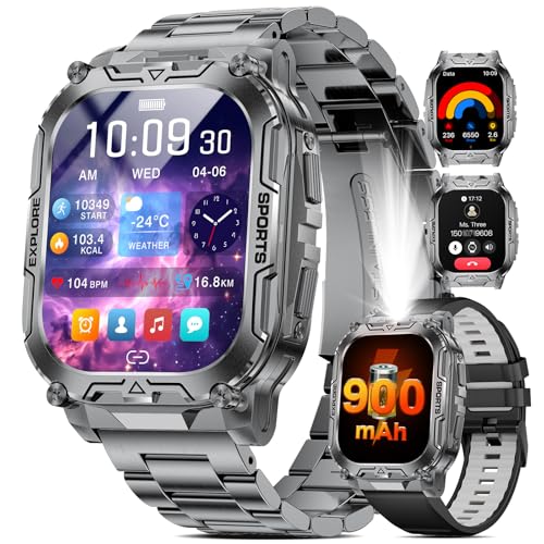 HIRREO TX12 Montre Connectée Homme, 900 mAh Batterie/LED Lampe Smartwatch avec Appel Bluetooth, 2.01'' HD Rectangle Écran/100+ Modes Sport/Sommeil/IP68 Étanche Montre Connectée pour Android iOS