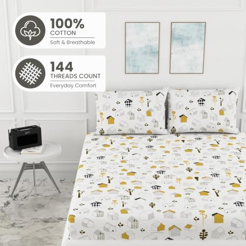Image of LORETO - A QUALITY LINEN BRAND 144 TC 100% Pure Cotton Double /Queen Fitted Bedsheet with 2 Pillow Covers for 72 x 60 Inch Mattress, All-Around Elastic, 8 Inch Deep Pocket, White Kids House Pattern