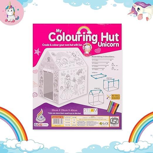 LEMONET My Colouring Hut Unicorn Theme (36 x 29 x 40 cm) DIY Kids Play Tent Kit Washable & Re-usable Playhouses Outdoor and Indoor Theme House Castle Toys (My Colouring Hut Unicorn)