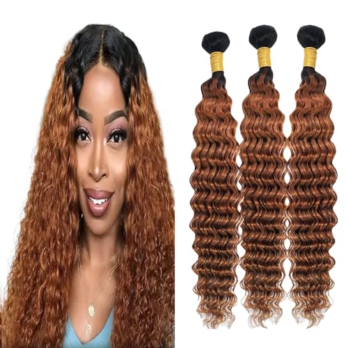 Light Brown Deep Wave Bundles Human Hair 10 12 14 inch 1B30 Deep Curly Bundless Ombre Two Tone Black Root to Brown Bundles Double Weft Brazilian Hair Extensions