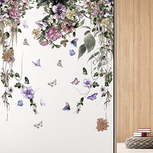 Purple Petunia Wall Decals Peony Flowers Wall Stickers Diy Vinyl Peel And Stick Dark Style Wall Art Murals For Girls Bedroom Living Room Tv Sofa Backdrop Office Bathroom Wall Home Decoration (A) #TOP4