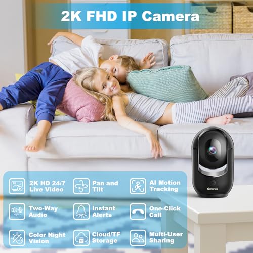Image of Cloarks 2K Pan /Tilt Security Camera, WiFi Indoor Cameras for Home Security with AI Motion Detection, Pet /Dog /Baby Camera with Phone App, 2-Way Audio, 24 /7, Siren, TF /Cloud Storage，Black