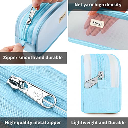 Image of KALIDI Grid Mesh Pencil Case Pen Bag Clear Case Marker Pouch Multifonction Organizer Box Transparent case Makeup Bag Office College School Gift for adults Teen Girl Boy, blue, Pencil Case