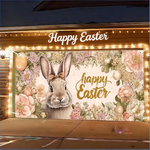 Image of Easter Garage Door Cover 157.48 x 70.87 Inch Floral Frame Cute Bunny Happy Easter Text Elegant Spring Illustration Outdoor Garage Decor Seasonal Family Celebration Spring Yard Display