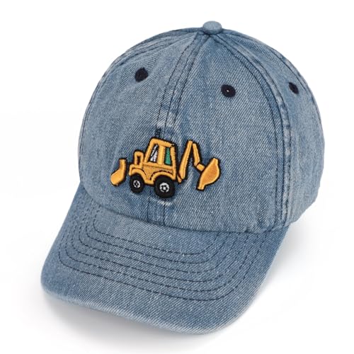 BAOPLAYKIDS Cute Embroidery Excavator Toddler Kids Baseball Cap Adjustable Cotton Washed Vintage Dad Hat for Boys Girls Age 2-8, C - Washed Denim Light Blue, 2-8 Years