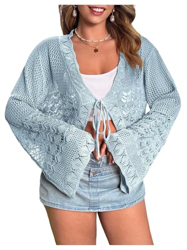 Image of Floerns Women's Plus Size V Neck Long Flounce Sleeve Tie Front Knit Crop Cardigan