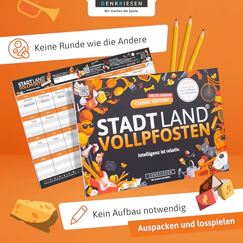 DENKRIESEN Stadt Land VOLLPFOSTEN® - Classic Edition | Wortspiel für 2-50 Spieler | Familienspiel ab 12 Jahren | Stadt Land Fluss | Gesellschaftsspiel & lustiges Partyspiel im DIN A4 Format