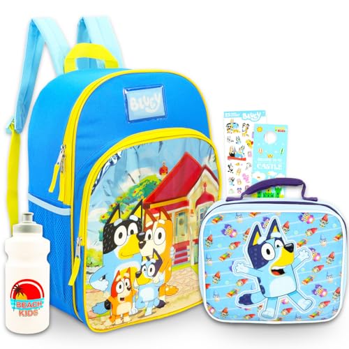 Image of Bluey Backpack & Lunch Box Set - Bundle with Bluey and Bingo School Bag, Lunch Bag, Water Bottle, Stickers, More | Heeler Family Backpack and Lunchbox