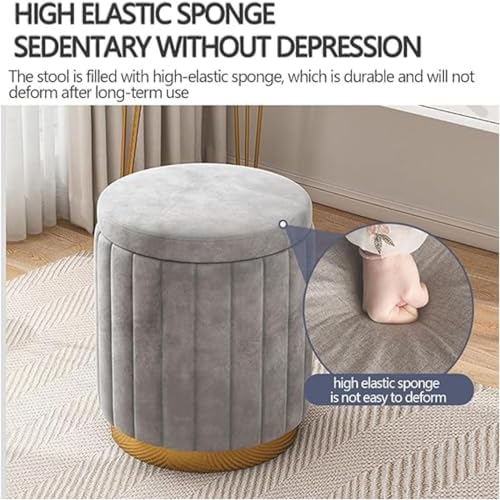 Image of Round Upholstered Velvet Ottoman Seating Stool with Gold Metal Base Multifunctional Makeup Vanity Chair Soft Compact Padded Foot Rest Stool for Living Room Bedroom Gray