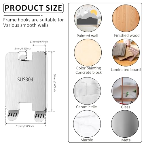 Image of 16 Pcs Adhesive Metal Picture Frame Hangers, Stainless Steel Picture Frame Hooks Easy to Use Adhesive Backed Hooks Hold Up to 6lbs Reusable Suitable for Smooth Walls, No Tools Frame Hanger