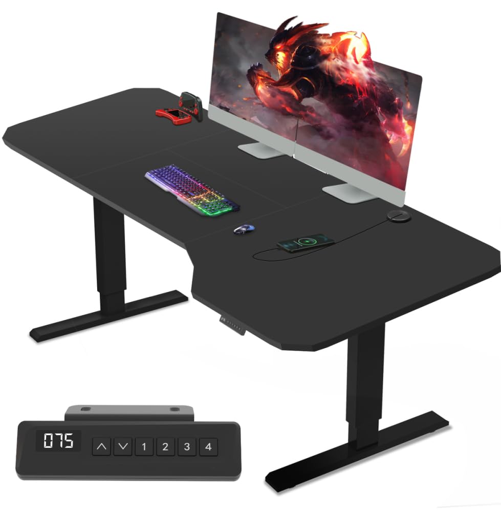 JUMMICO Escritorio Ajustable en Altura de 180 x 85 cm, en Forma de L, Altura Ajustable, Mesa de Juegos ergonómica con Ganchos (Negro)