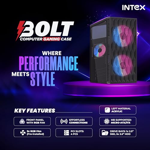Image of Intex Bolt Computer Gaming Cabinet | Micro-ATX, Mini-ITX | 12cm LED Fans | Mesh Front Panel | Compact PC Case | Smooth Airflow | Acrylic Side Panel | 4 PCI Slots | 260mm VGA Support