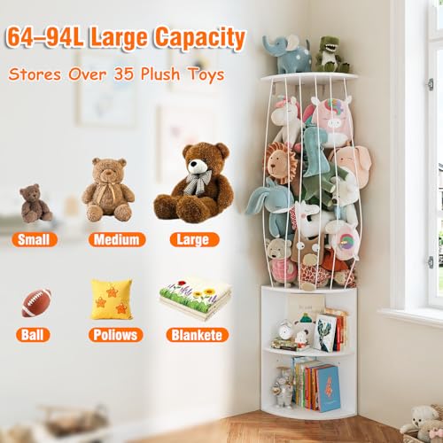 Image of 74.7 inch H Stuffed Animal Storage with 2-Tier Corner Bookshelf - Wall Mount Height Adjustable Plush Toy Organizer, Wooden Kids Bookshelf for Small Spaces Nursery Playroom Kids Room, White