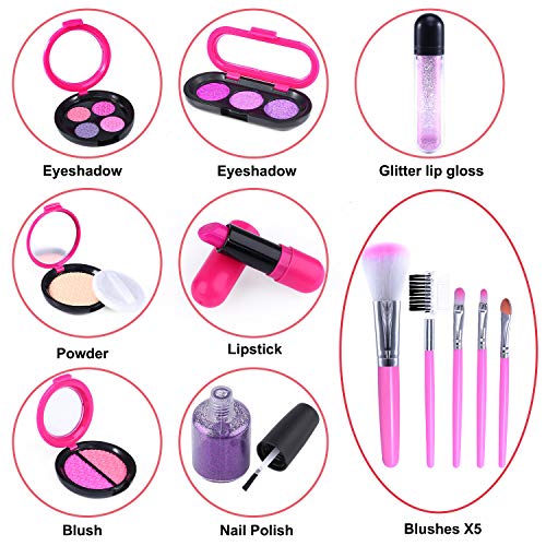 TEPSMIGO Pretend Makeup Kit with Cosmetic Bag for Girls 4-10 Year Old - Including Pink Brushes, Eye Shadows, Lipstick, Nail Polish, Mirrors, Glitter Pot, Puff Pad and More