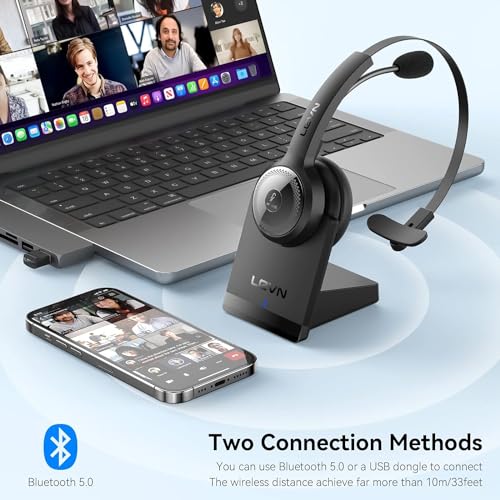 Image of LEVN Bluetooth 5.0 Headset, Wireless Headset with Microphone (AI Noise Cancelling), 35Hrs Bluetooth Headphones with USB Dongle for PC, Suitable for Remote Work /Call Center /Zoom /Online Class, Black