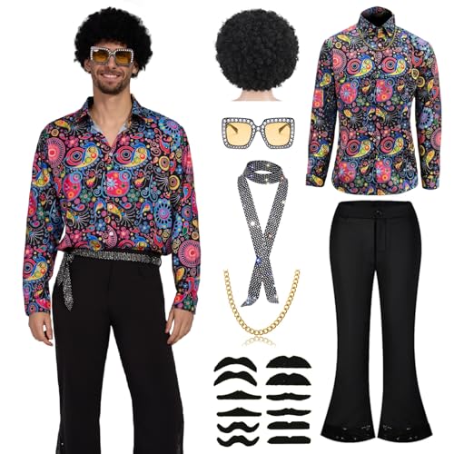 Ginkago 70er Jahre Disco Kostüm Set, 8PCS Hippie Herren Outfit mit Glitzer Schlaghose Hemd 80s Fasching Bekeidung für 50s 60s 70s Cosplay Halloween Party XL