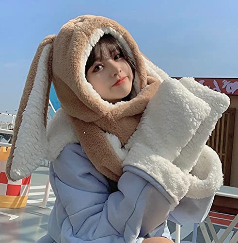 Women Cute Rabbit Ear Plush Beanie Cap Outdoor Fluffy Bunny Hat Scarf Set Indoor Warm Thick Fleece Animal Hoodie Khaki #TOP2