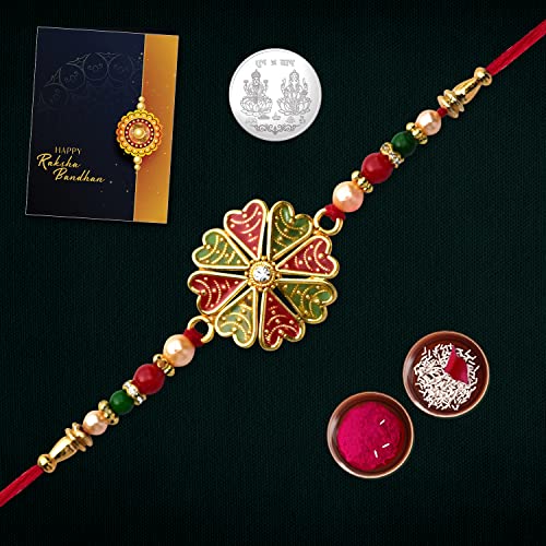 Image of Periapt Radha Krishna Rakhi for Brother with Assorted Chocolates Gift Potli, Multicolour Beads, Roli Chawal, Shagun Coin and Greeting Card, Raksha Bandhan Combo